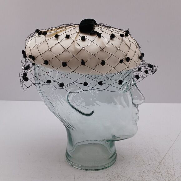 Ivory Fabric & Satin Pillbox Ladies Hat W/ Black Net Veil -Cathay of California - Picture 6 of 12